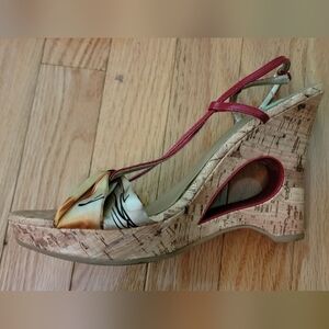 Qupid 8.5m Florsl Fabric Strappy Cork Wedge Heels